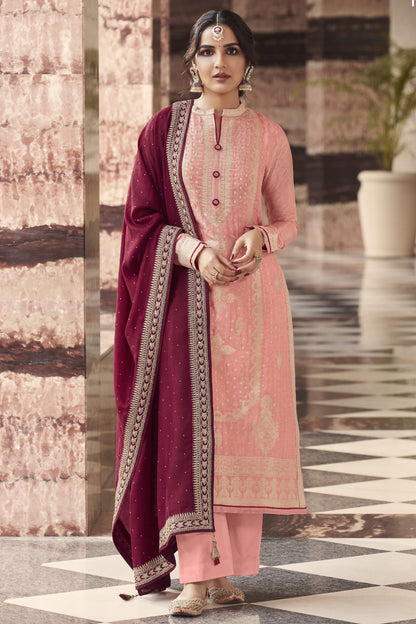 Peach Jacquard Silk Kameez With Pant For Indian Suit Festivals & Pakistani Weddings Dress - Embroidery Work