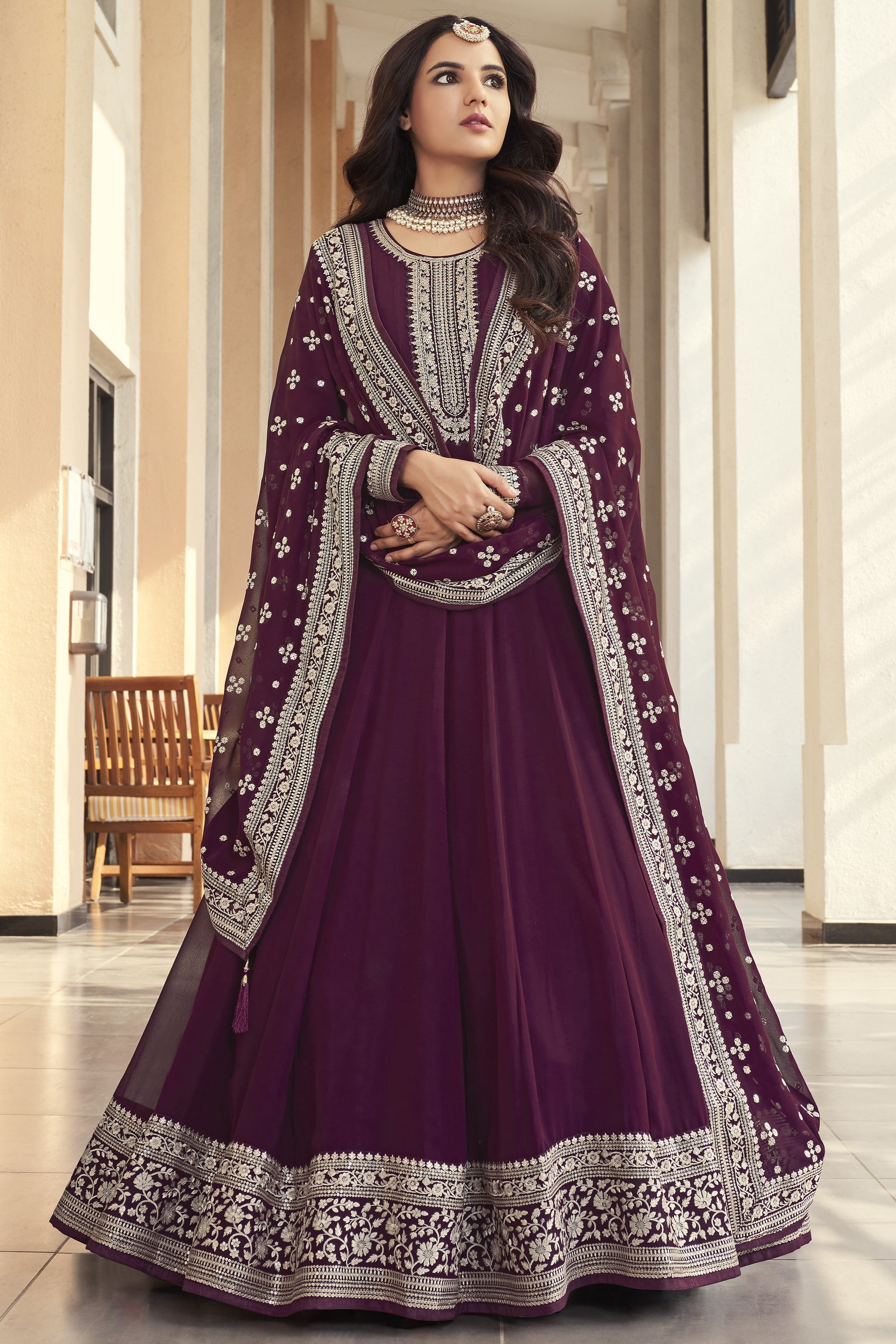Purple Georgette Long Anarkali Suit For Indian Festivals & Pakistani Weddings Dress - Embroidery Work