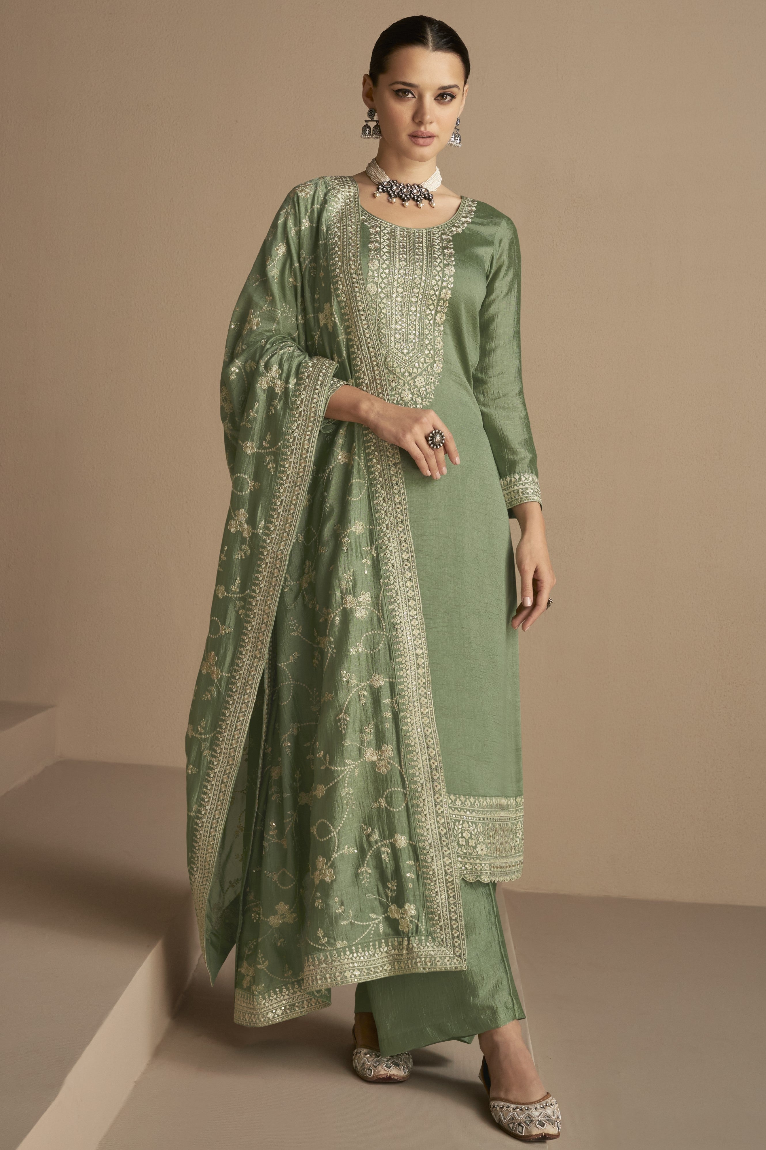Green Chinon Silk Plus Size Upto 5XL Size Kameez Pant Suit For Indian Festivals & Weddings - Thread Embroidery Work RTS