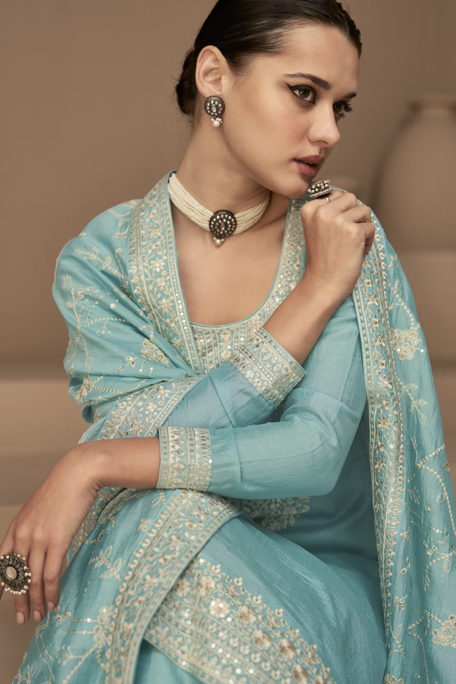 Turquoise Chinon Silk Plus Size Upto 5XL Size Kameez Pant Suit For Indian Festivals & Weddings - Thread Embroidery Work,
