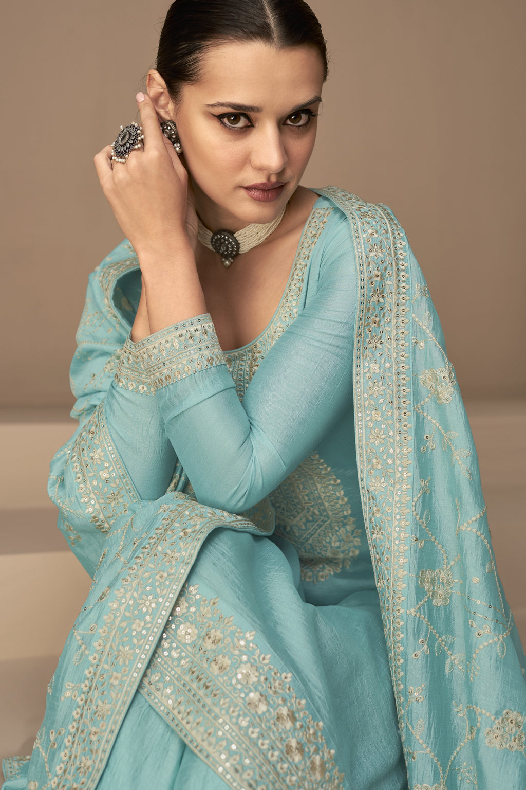 Turquoise Chinon Silk Plus Size Upto 5XL Size Kameez Pant Suit For Indian Festivals & Weddings - Thread Embroidery Work,