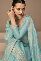 Turquoise Chinon Silk Plus Size Upto 5XL Size Kameez Pant Suit For Indian Festivals & Weddings - Thread Embroidery Work,