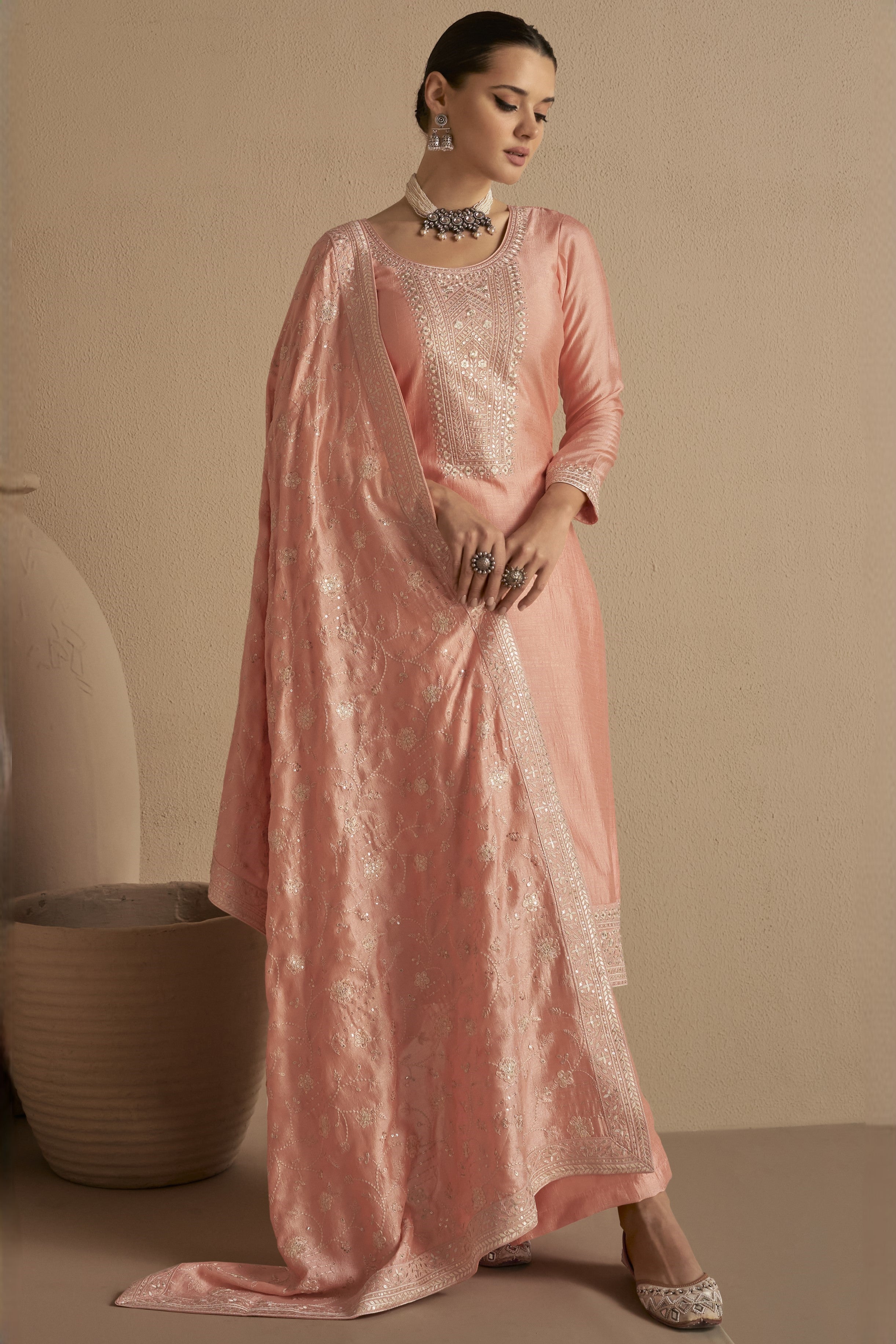 Peach Chinon Silk Plus Size Upto 5XL Size Kameez Pant Suit For Indian Festivals & Weddings - Thread Embroidery Work,