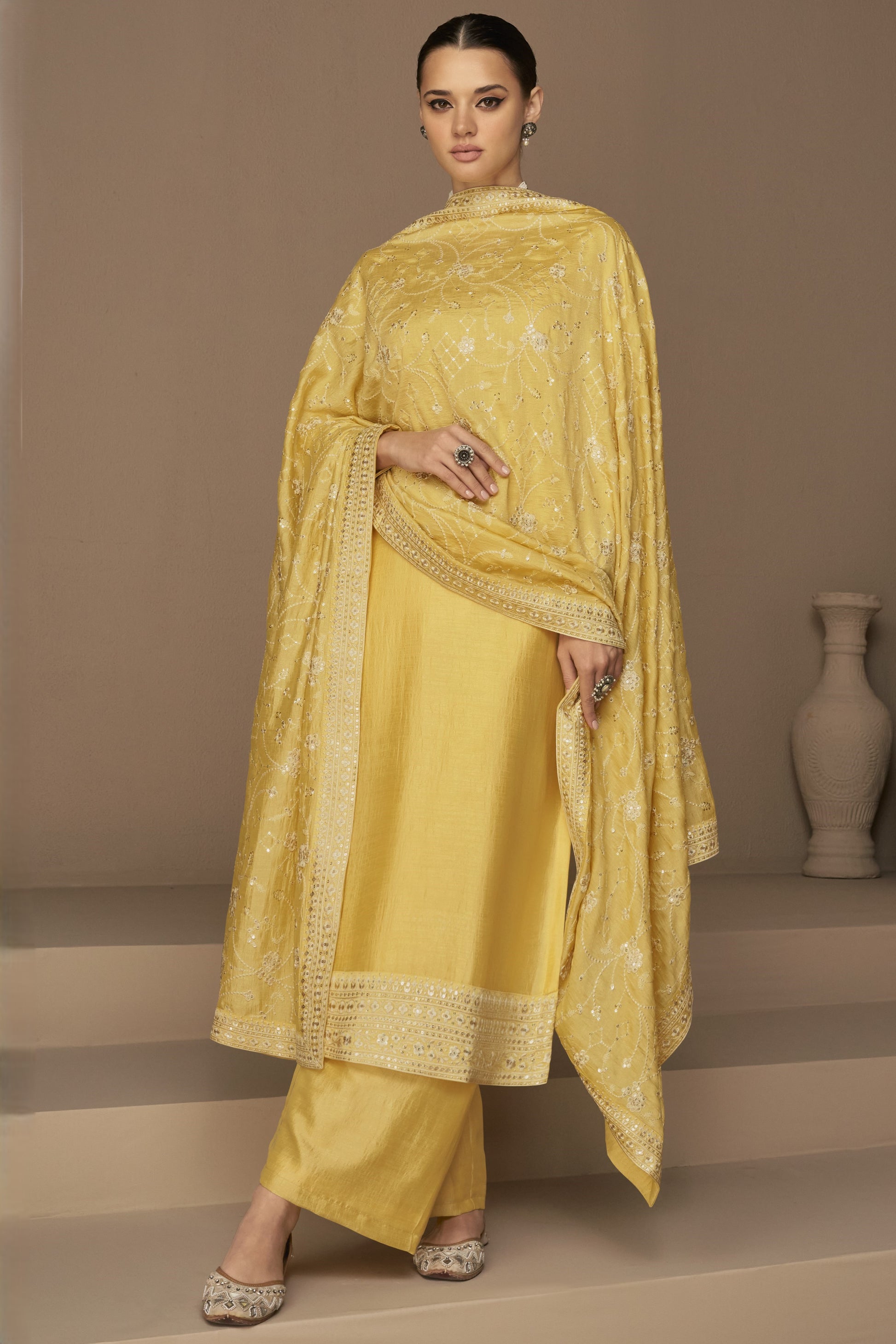 Yellow Chinon Silk Plus Size Upto 5XL Size Kameez Pant Suit For Indian Festivals & Weddings - Thread Embroidery Work,