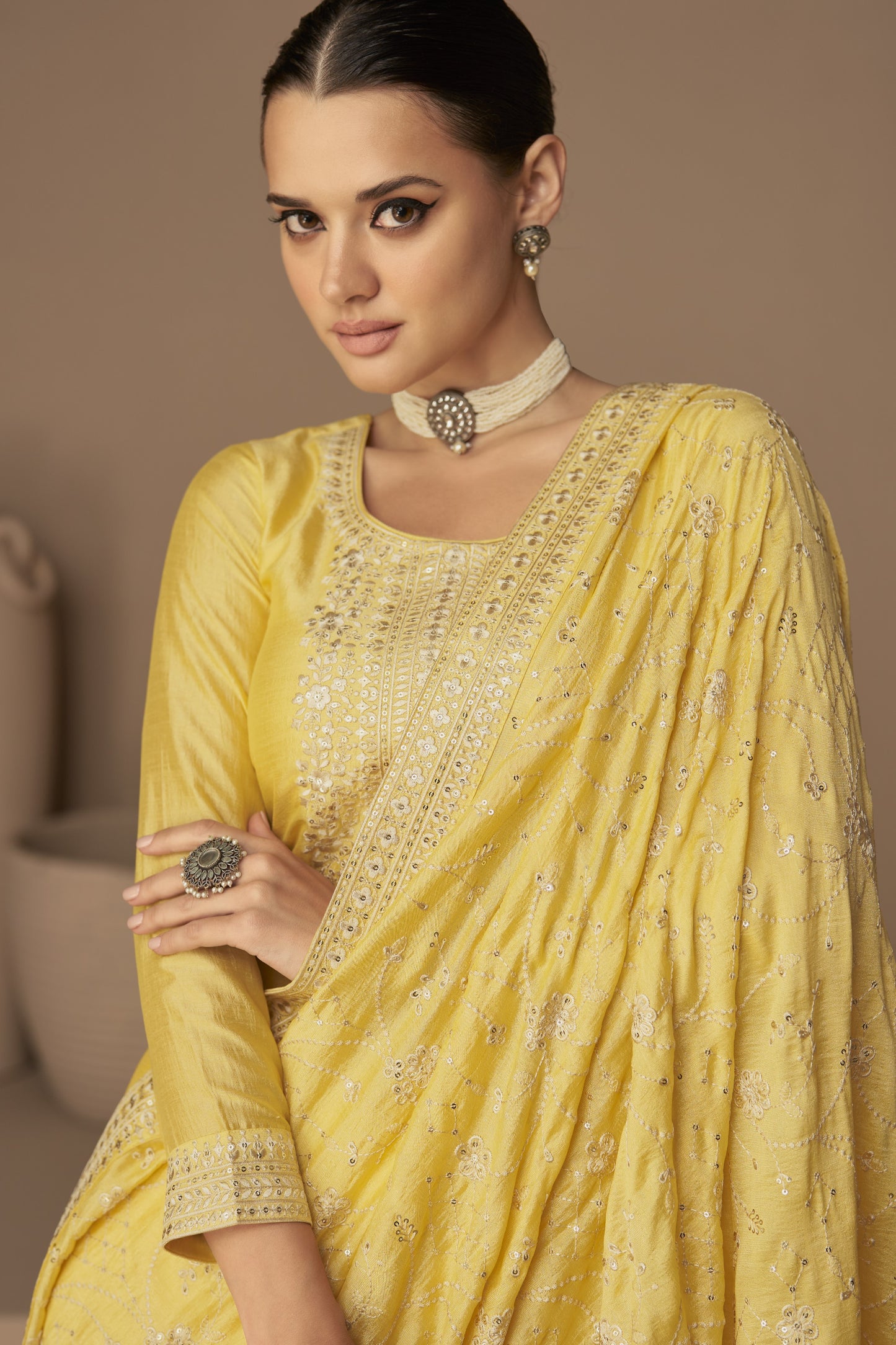 Yellow Chinon Silk Plus Size Upto 5XL Size Kameez Pant Suit For Indian Festivals & Weddings - Thread Embroidery Work,