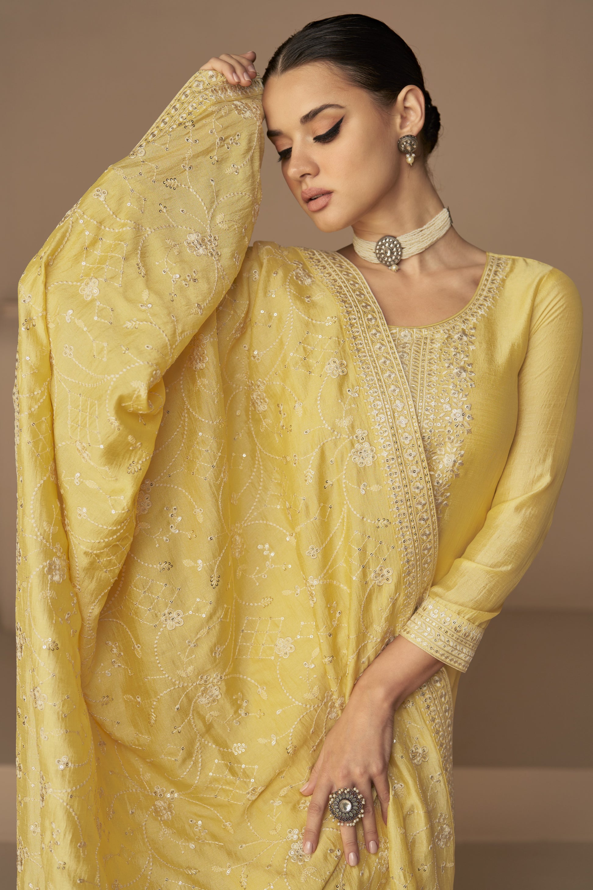 Yellow Chinon Silk Plus Size Upto 5XL Size Kameez Pant Suit For Indian Festivals & Weddings - Thread Embroidery Work,