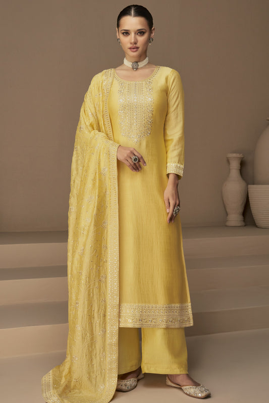 Yellow Chinon Silk Plus Size Upto 5XL Size Kameez Pant Suit For Indian Festivals & Weddings - Thread Embroidery Work,