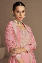 Pink Chinon Silk Plus Size Upto 5XL Size Kameez Pant Suit For Indian Festivals & Weddings - Thread Embroidery Work,
