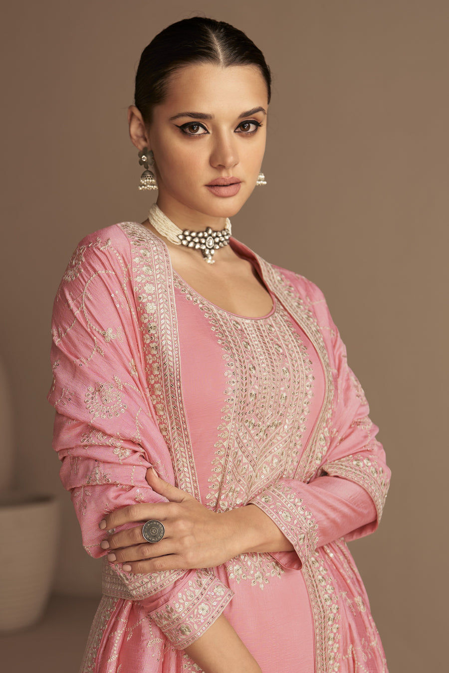 Pink Chinon Silk Plus Size Upto 5XL Size Kameez Pant Suit For Indian Festivals & Weddings - Thread Embroidery Work,