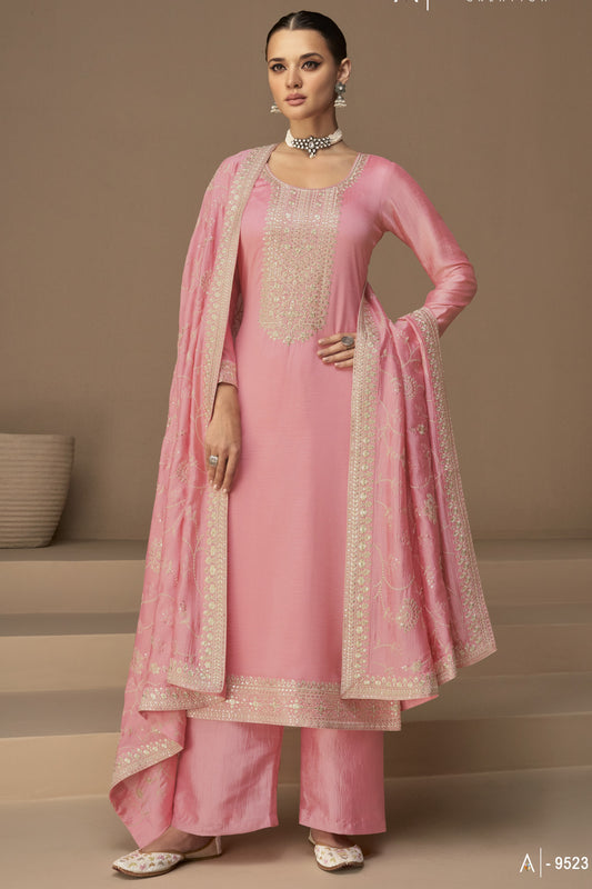 Pink Chinon Silk Plus Size Upto 5XL Size Kameez Pant Suit For Indian Festivals & Weddings - Thread Embroidery Work,