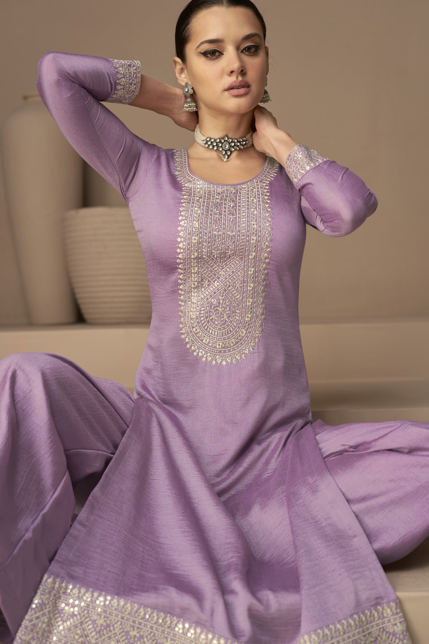 Purple Chinon Silk Plus Size (Upto 5XL Size) Kameez Pant Suit For Indian Festivals & Weddings - Thread Embroidery Work RTS