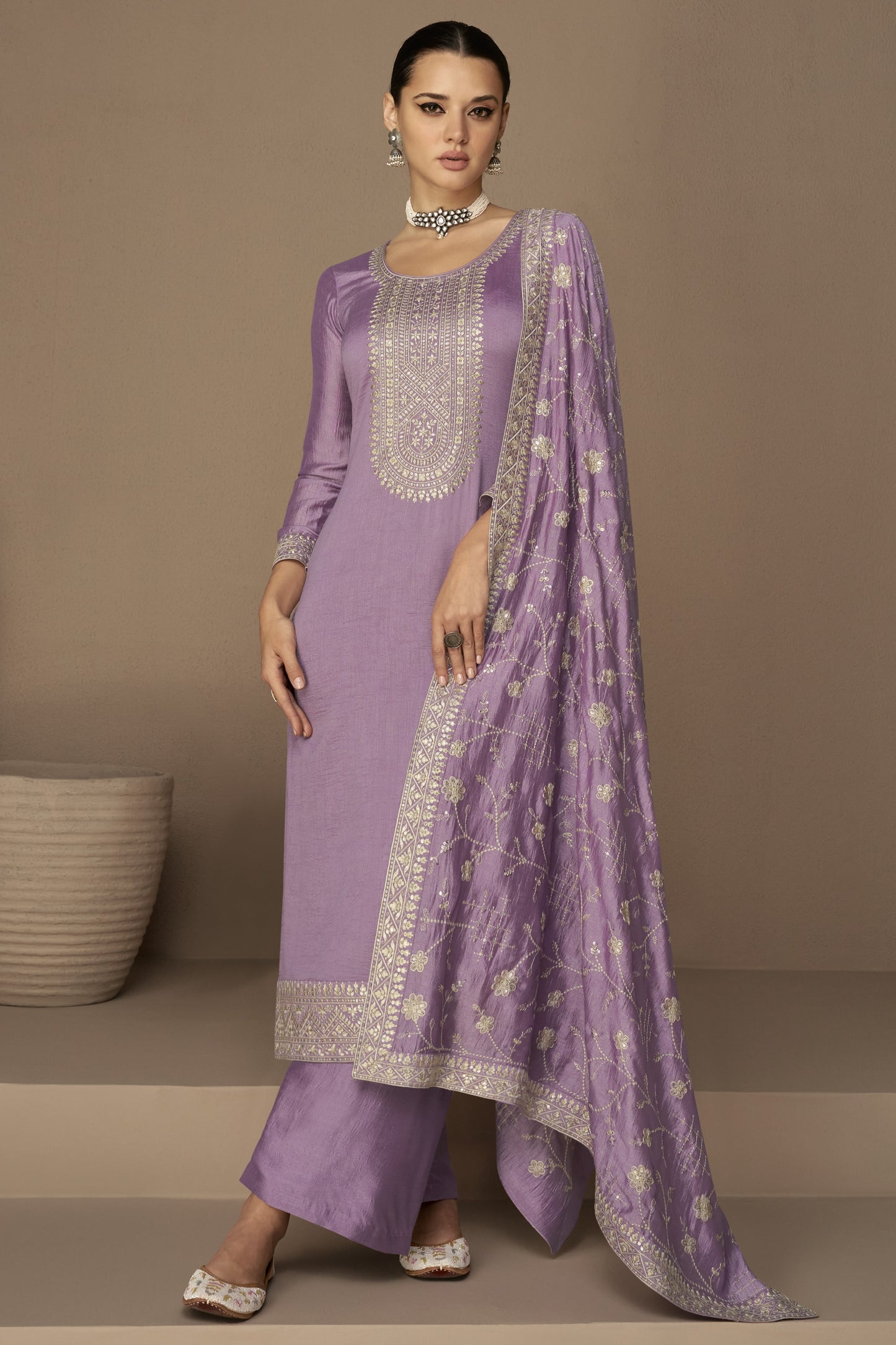 Purple Chinon Silk Plus Size (Upto 5XL Size) Kameez Pant Suit For Indian Festivals & Weddings - Thread Embroidery Work RTS