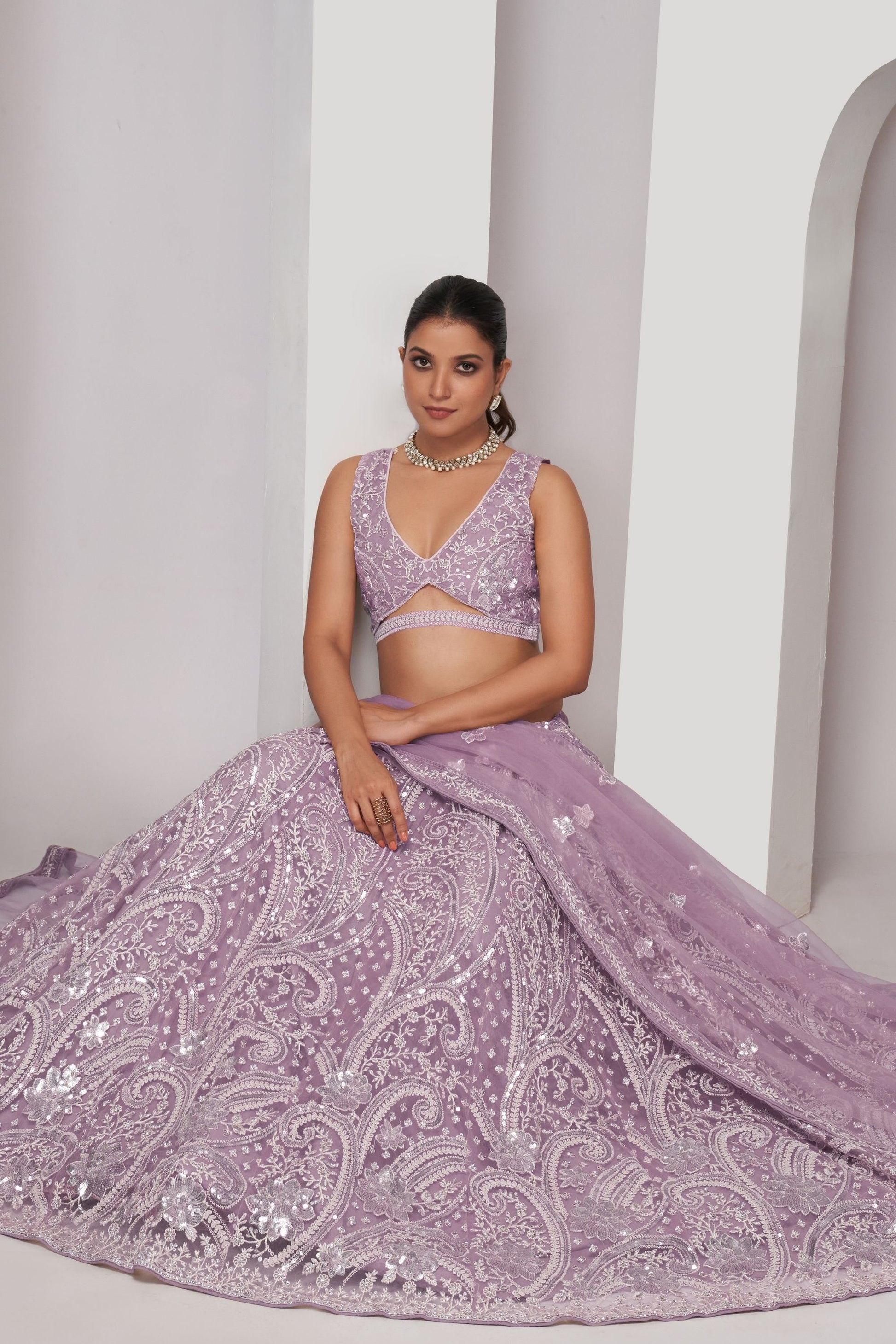 Light Purple Soft Net Lehenga Choli For Indian Festivals & Weddings - Sequins Work, Thread Work