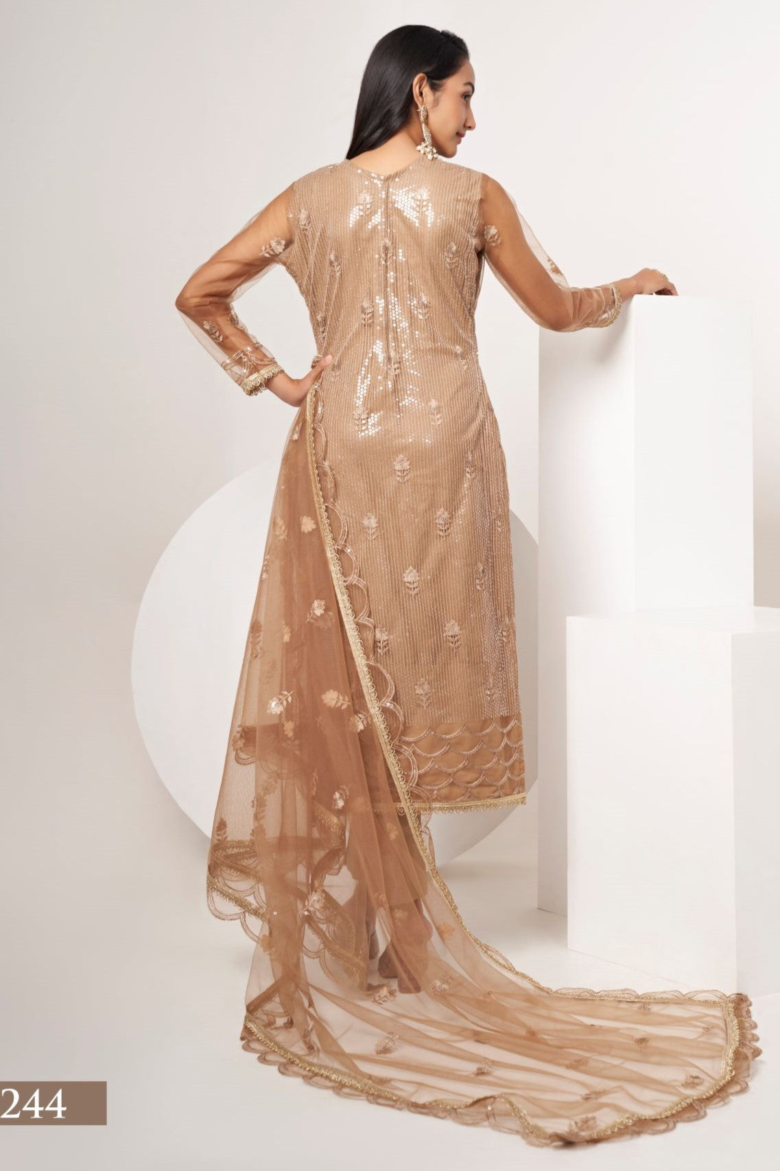 Brown Net Sequin Work Kurti Set with Thread Embroidery Kameez and Pant