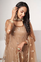 Brown Net Sequin Work Kurti Set with Thread Embroidery Kameez and Pant
