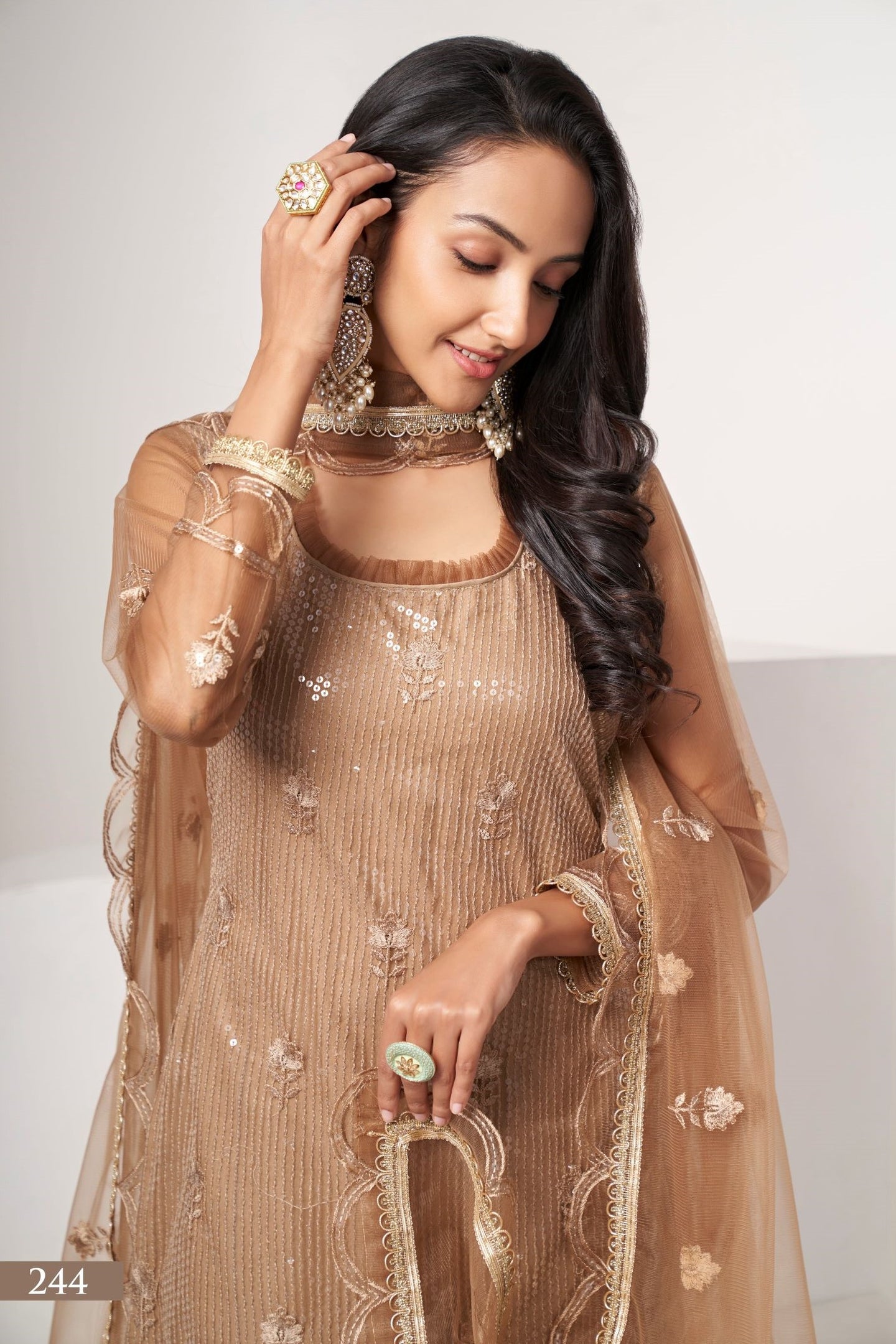 Brown Net Sequin Work Kurti Set with Thread Embroidery Kameez and Pant