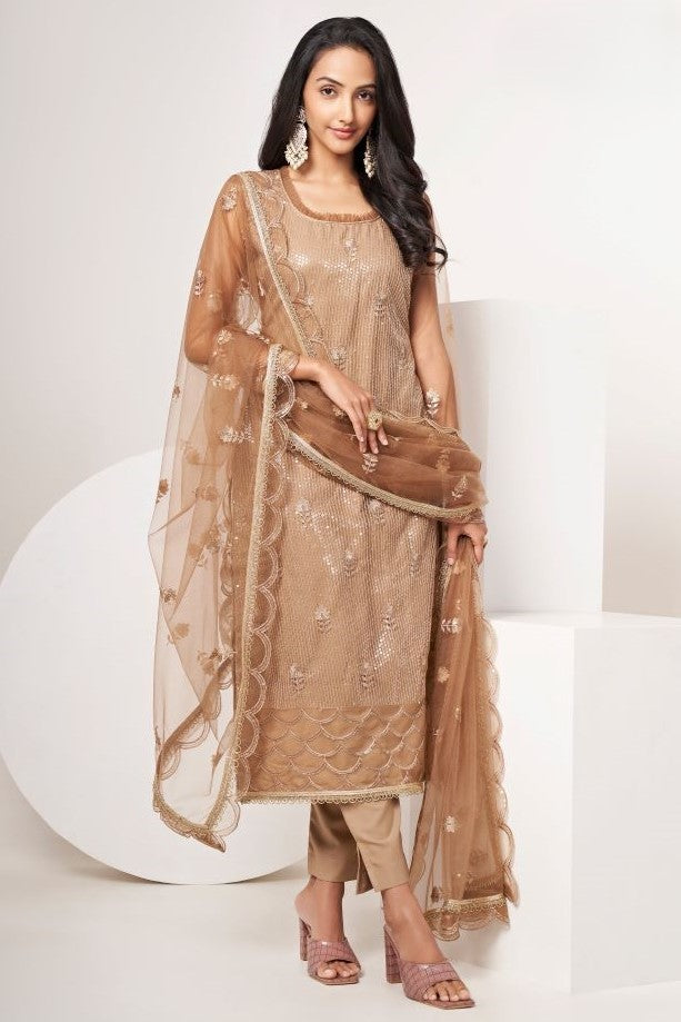 Brown Net Sequin Work Kurti Set with Thread Embroidery Kameez and Pant