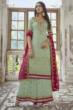 Green Georgette Plazo Suit For Indian & Pakistani Wedding Festival - Embroidery Work