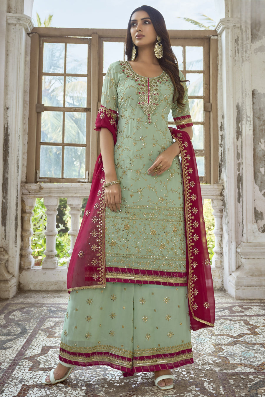 Green Georgette Plazo Suit For Indian & Pakistani Wedding Festival - Embroidery Work