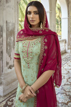 Green Georgette Plazo Suit For Indian & Pakistani Wedding Festival - Embroidery Work