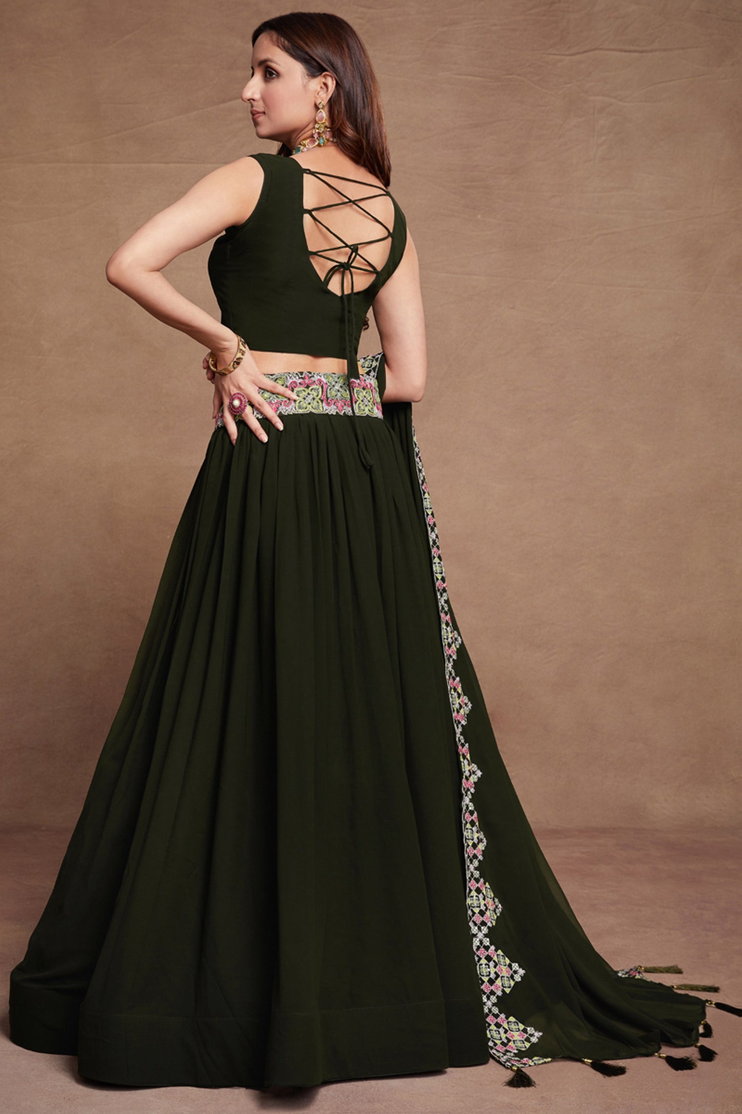 Dark Green Georgette Lehenga Choli 6 Meter Flair For Indian Festivals & Weddings - Sequence Embroidery Work, Thread Embroidery Work