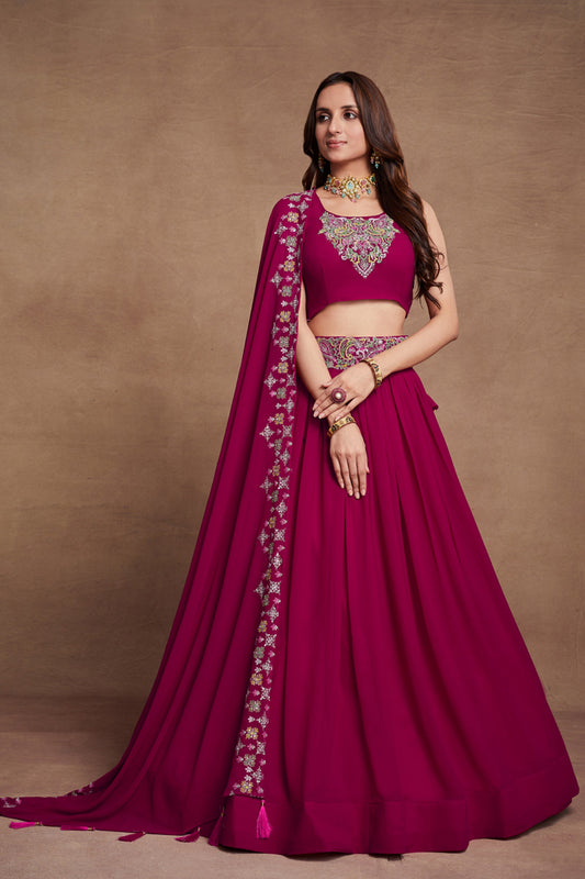 Pink Georgette Lehenga Choli 6 Meter Flair For Indian Festivals & Weddings - Sequence Embroidery Work, Thread Embroidery Work