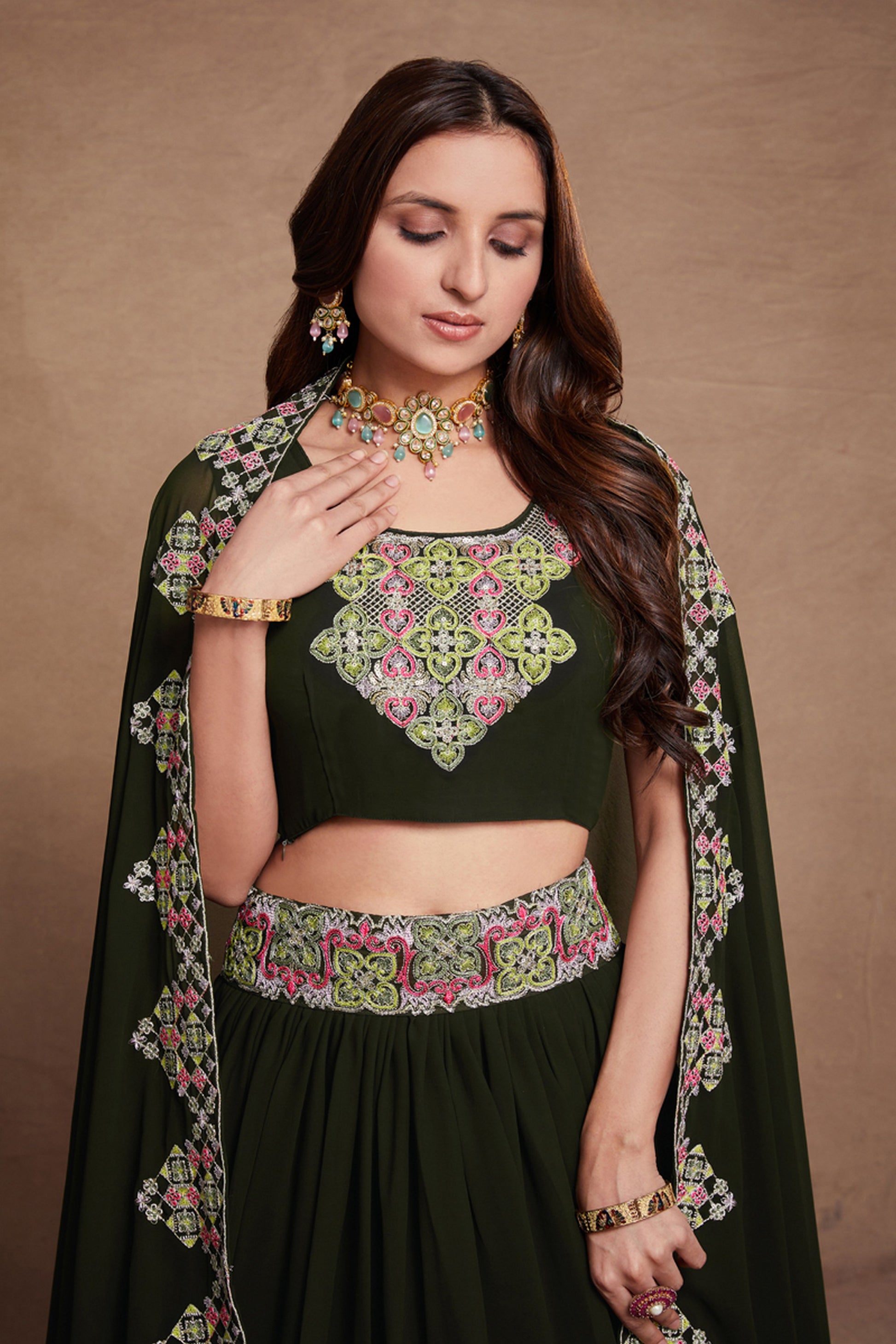 Dark Green Georgette Lehenga Choli 6 Meter Flair For Indian Festivals & Weddings - Sequence Embroidery Work, Thread Embroidery Work