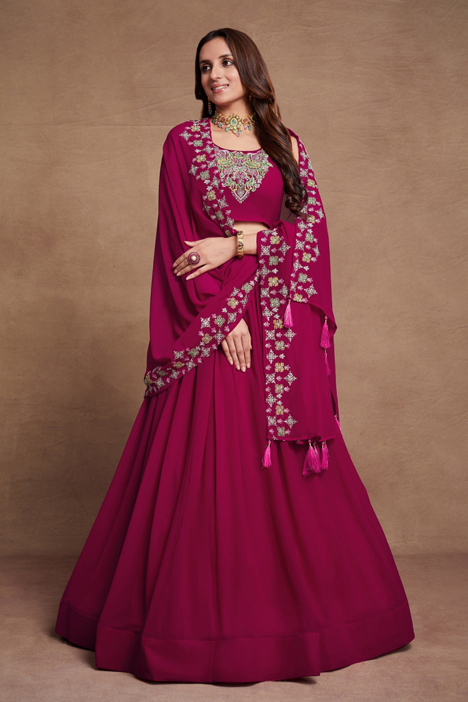 Pink Georgette Lehenga Choli 6 Meter Flair For Indian Festivals & Weddings - Sequence Embroidery Work, Thread Embroidery Work