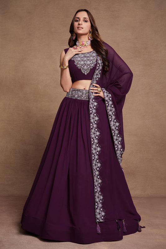 Purple Georgette Lehenga Choli 6 Meter Flair For Indian Festivals & Weddings - Sequence Embroidery Work, Thread Embroidery Work