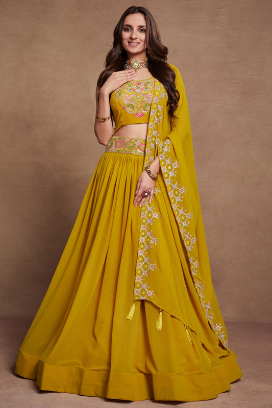 Mustard Georgette Lehenga Choli 6 Meter Flair For Indian Festivals & Weddings - Sequence Embroidery Work, Thread Embroidery Work