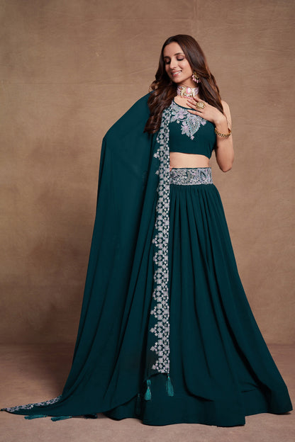 Teal Georgette Lehenga Choli 6 Meter Flair For Indian Festivals & Weddings - Sequence Embroidery Work, Thread Embroidery Work