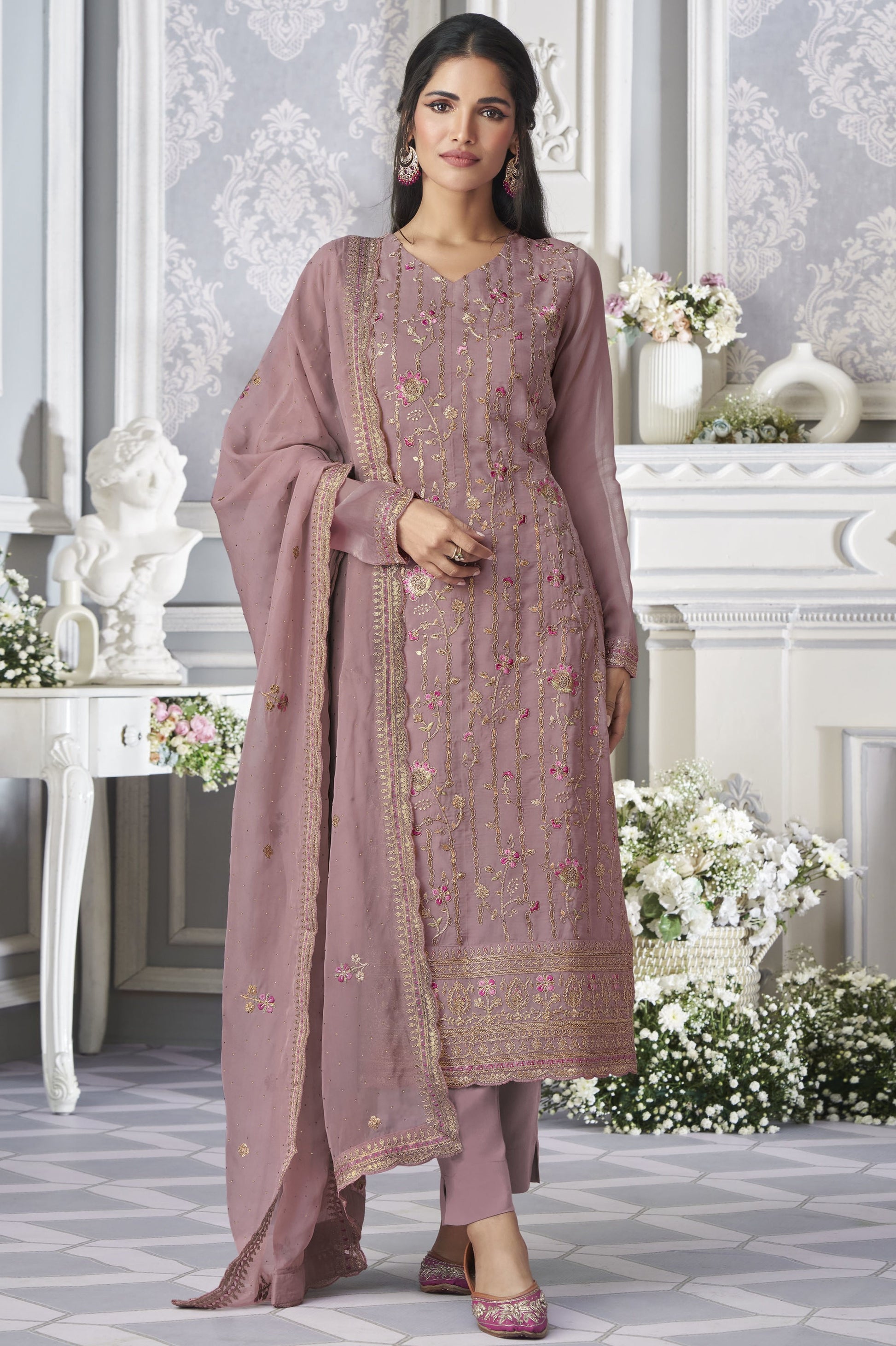 Rust Pink Organza Silk Plus Size Upto 56 Size Kameez with Pant For Indian Suit Festivals & Pakistani Weddings - Embroidery Work