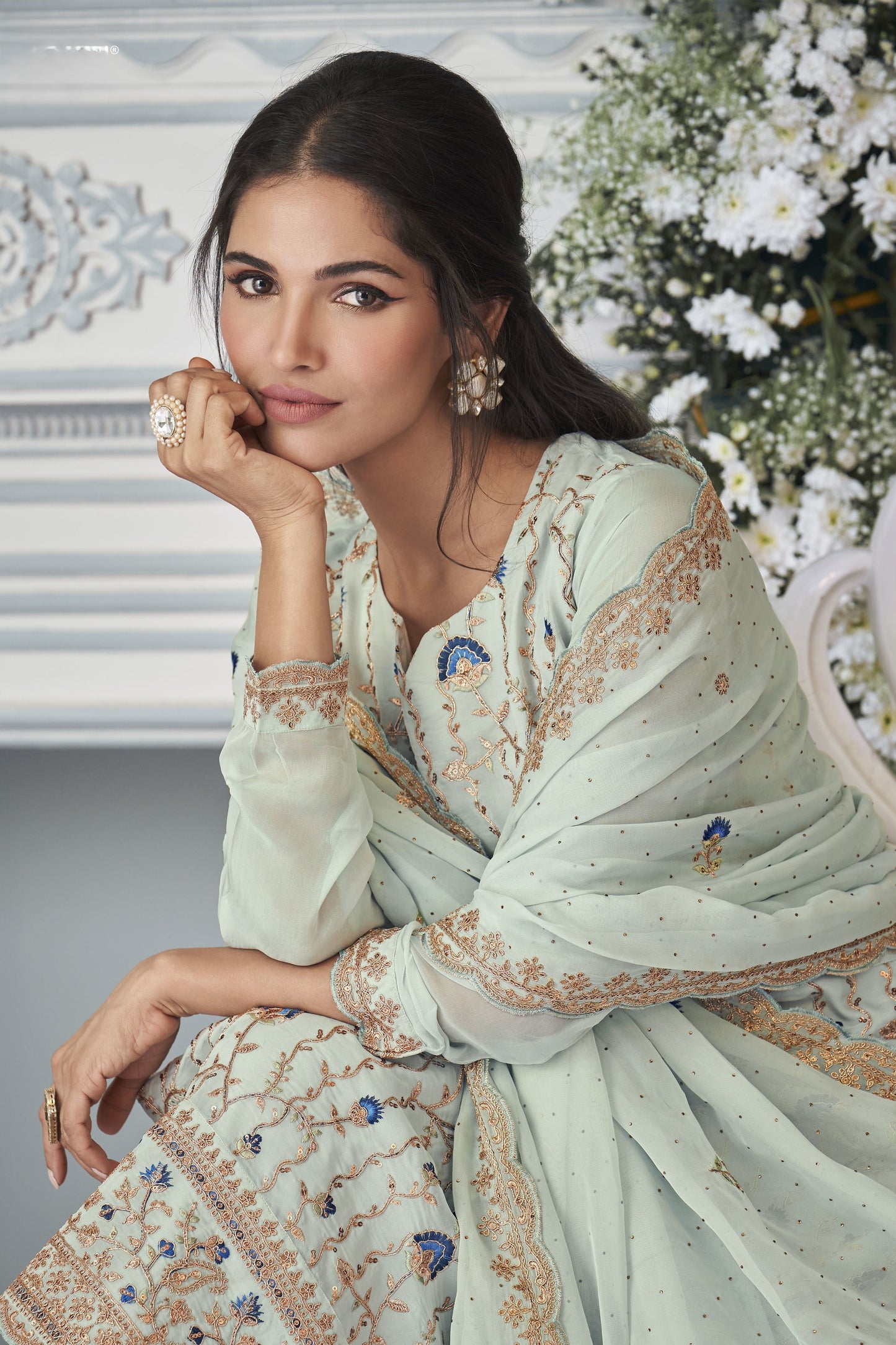 Mint Blue Organza Silk Plus Size Upto 56 Size Kameez with Pant For Indian Suit Festivals & Pakistani Weddings - Embroidery Work