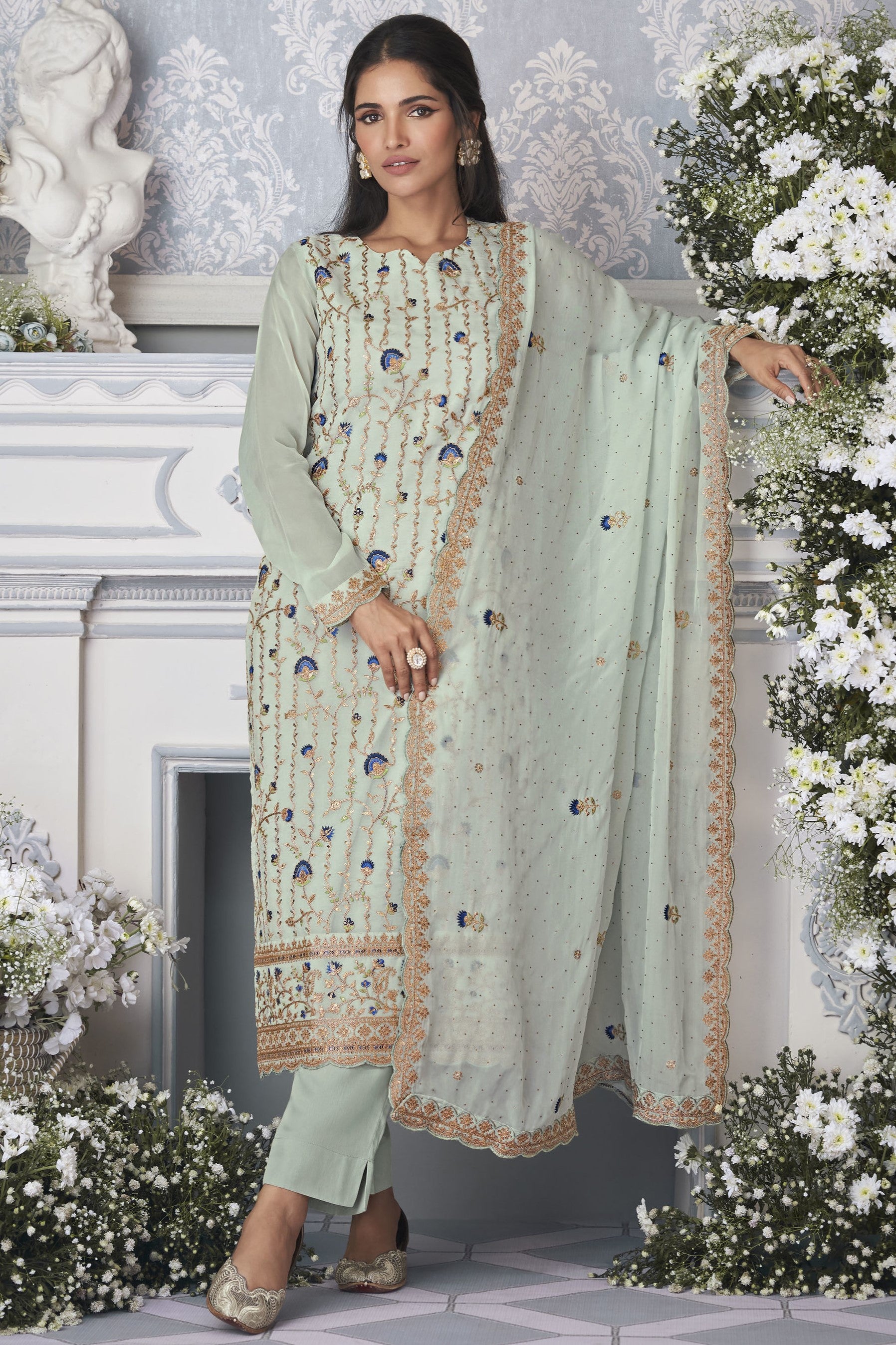 Mint Blue Organza Silk Plus Size Upto 56 Size Kameez with Pant For Indian Suit Festivals & Pakistani Weddings - Embroidery Work