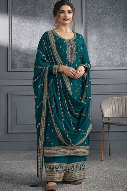 Dark Teal Jacquard Silk Kameez With Pant For Wedding & Festival - Embroidery Work