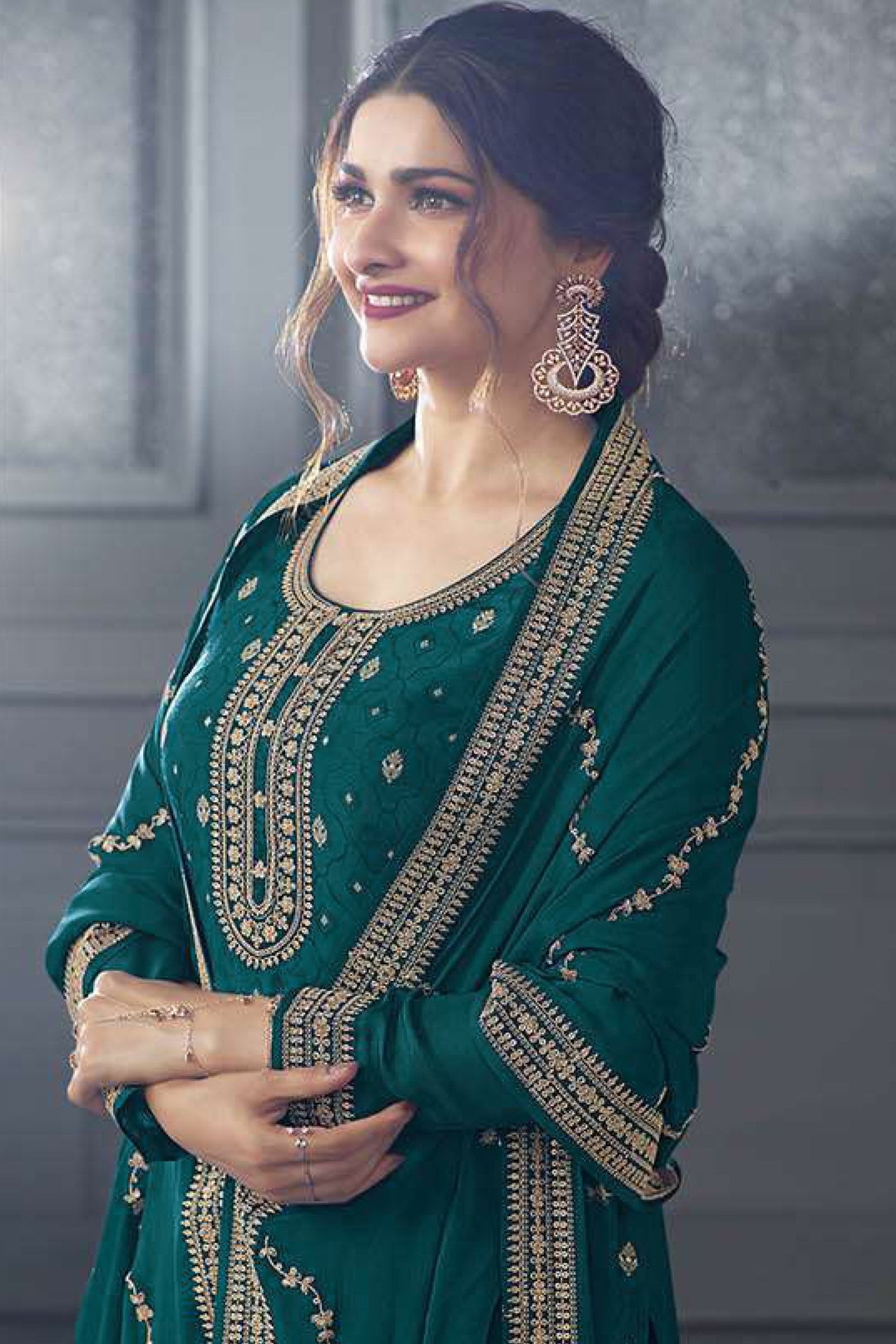 Dark Teal Jacquard Silk Kameez With Pant For Wedding & Festival - Embroidery Work