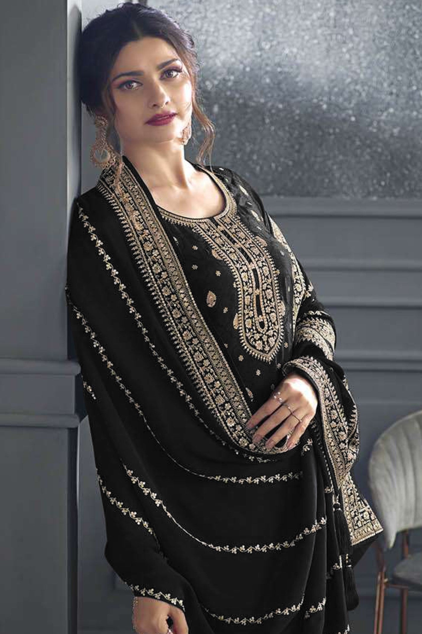 Black Jacquard Silk Kameez With Pant For Wedding & Festival - Embroidery Work Copy