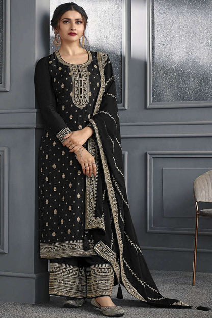 Black Jacquard Silk Kameez With Pant For Wedding & Festival - Embroidery Work Copy