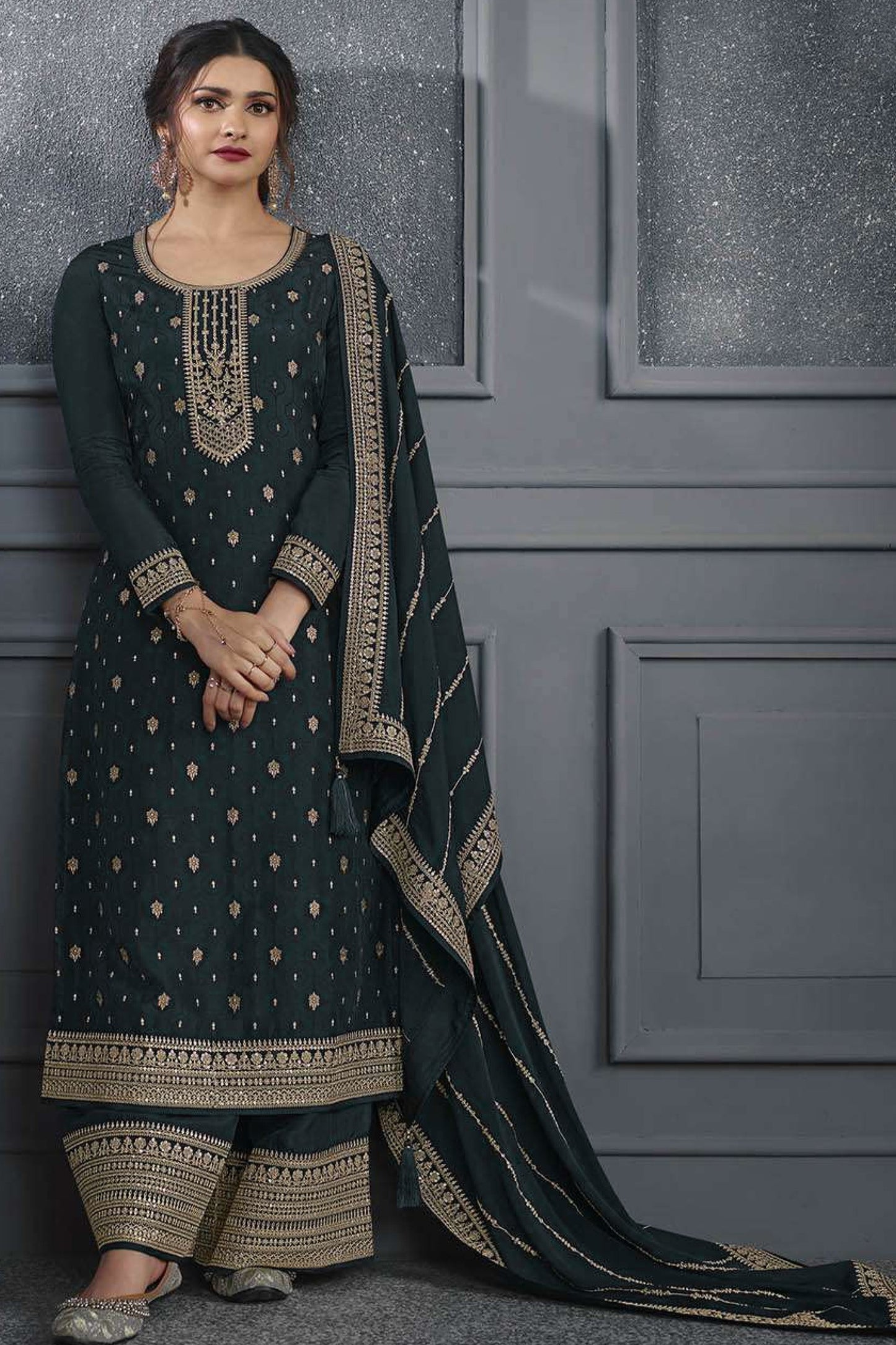 Dark Green Jacquard Silk Kameez With Pant For Wedding & Festival - Embroidery Work