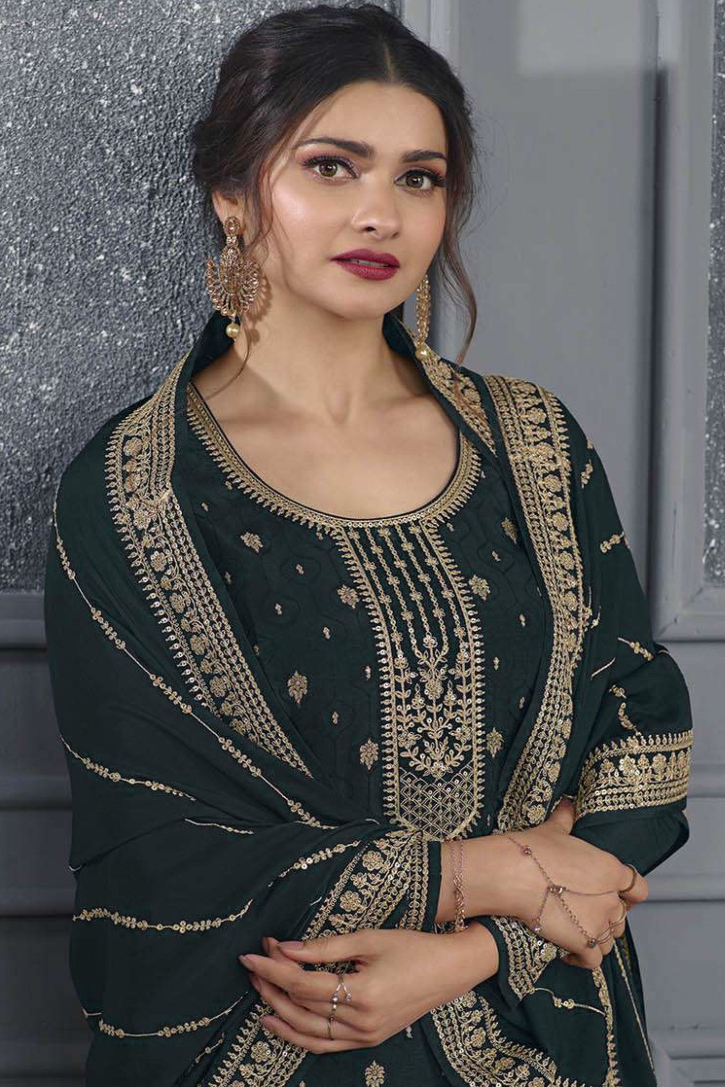 Dark Green Jacquard Silk Kameez With Pant For Wedding & Festival - Embroidery Work