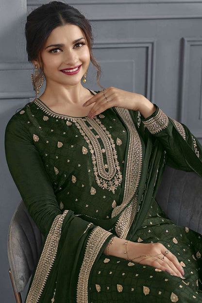 Dark Olive Jacquard Silk Kameez With Pant For Wedding & Festival - Embroidery Work