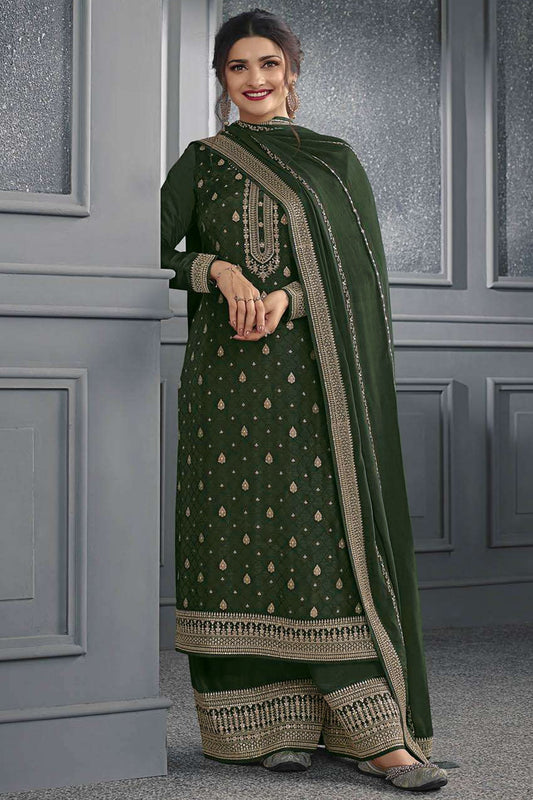 Dark Olive Jacquard Silk Kameez With Pant For Wedding & Festival - Embroidery Work