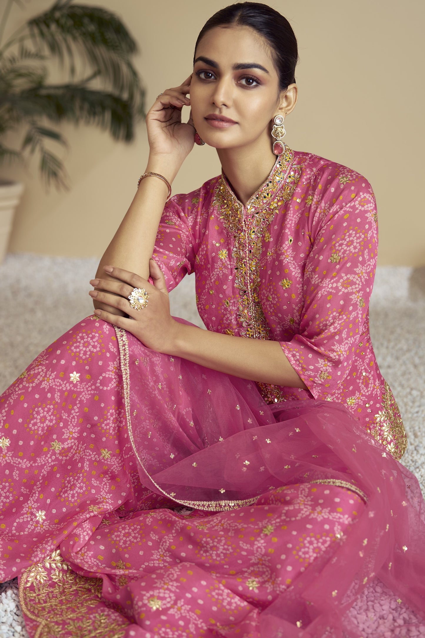 Pink Chinon Silk Bandhani Style Pattern Palazzo Suit For Indian Festivals & Weddings - Embroidery Work, Mirror Work, Print Work