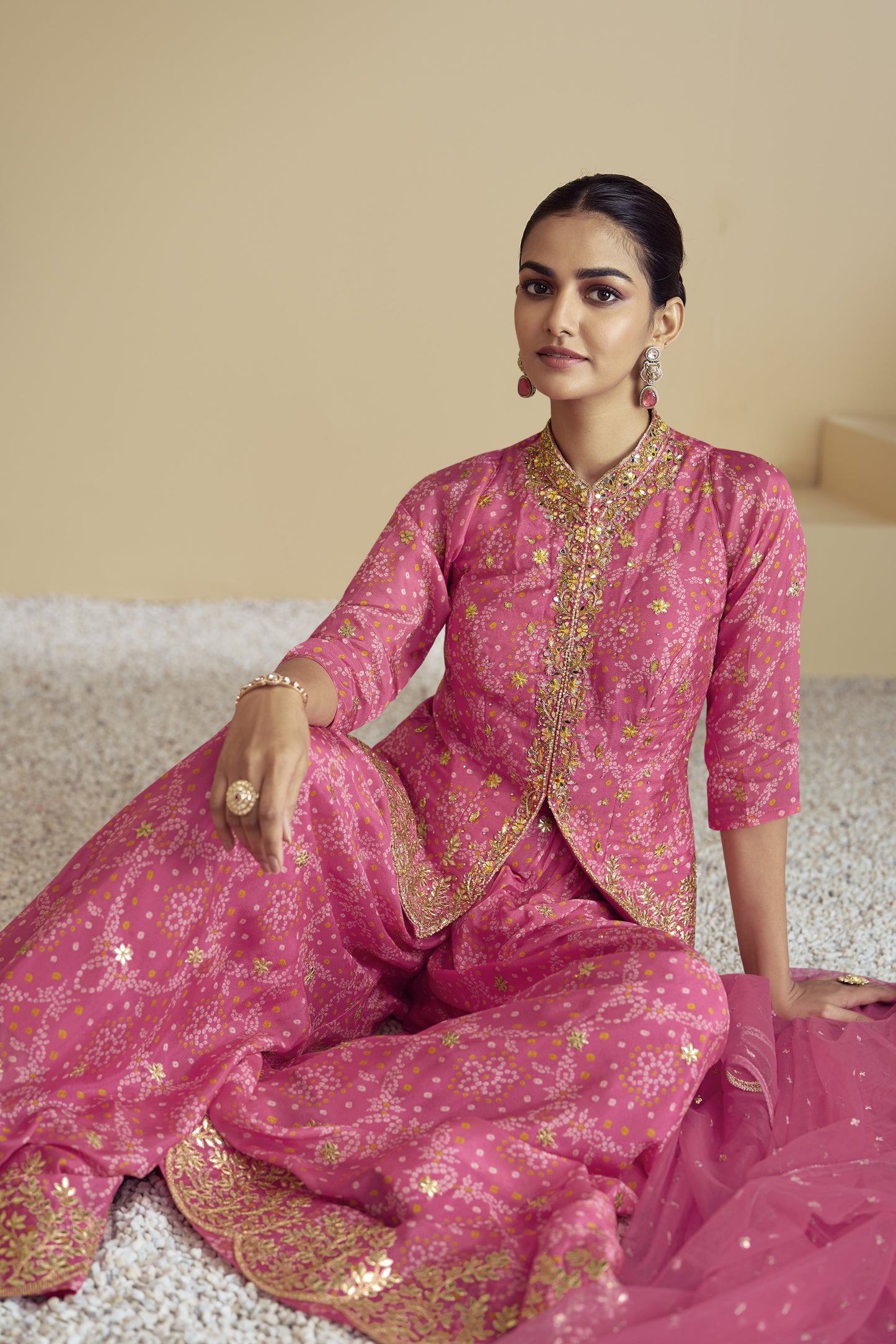 Pink Chinon Silk Bandhani Style Pattern Palazzo Suit For Indian Festivals & Weddings - Embroidery Work, Mirror Work, Print Work