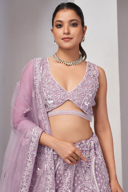 Light Purple Soft Net Lehenga Choli For Indian Festivals & Weddings - Sequins Work, Thread Work