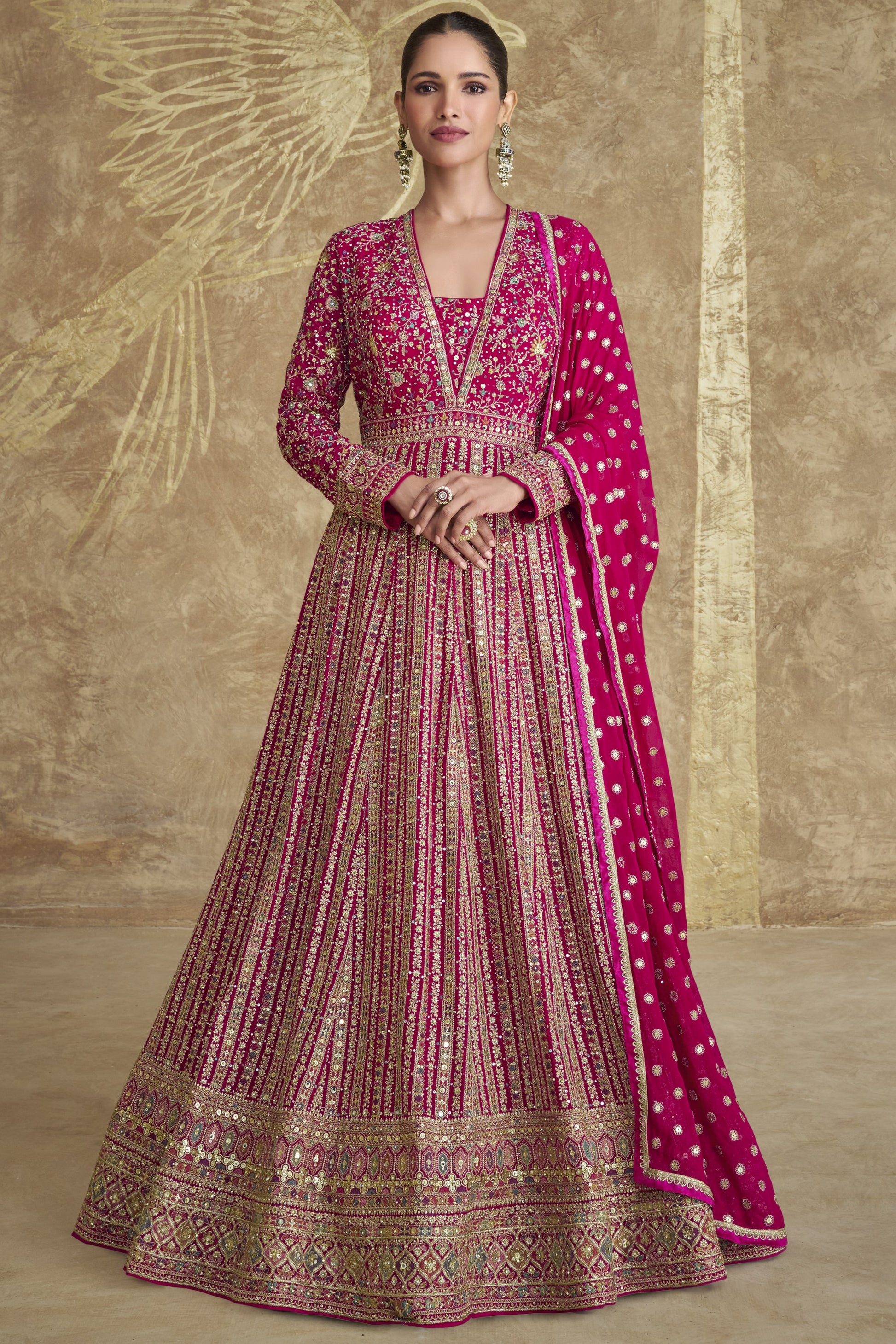 Pink Georgette Floor Full Length Anarkali Suit Dress For Indian Festivals & Weddings - Embroidery Work