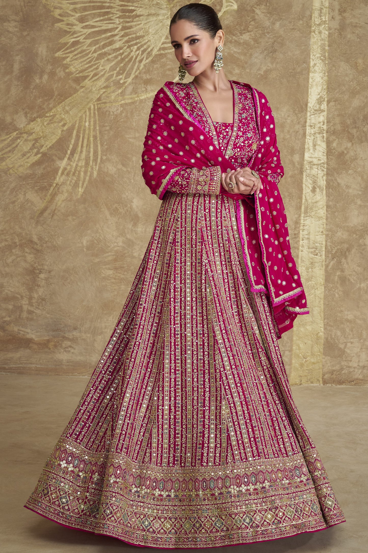 Pink Georgette Floor Full Length Anarkali Suit Dress For Indian Festivals & Weddings - Embroidery Work