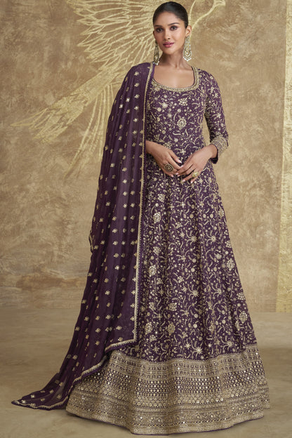 Dark Purple Georgette Floor Full Length Anarkali Suit Dress For Indian Festivals & Weddings - Embroidery Work