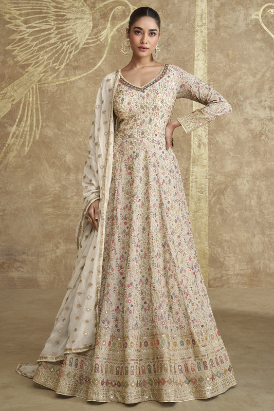 Off White Georgette Floor Full Length Anarkali Suit Dress For Indian Festivals & Weddings - Embroidery Work