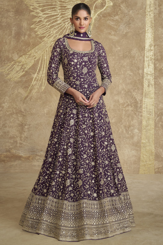 Dark Purple Georgette Floor Full Length Anarkali Suit Dress For Indian Festivals & Weddings - Embroidery Work